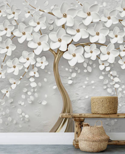 white and gold customisable blossom wallpaper mural called Monochrome Blossom for bedrooms