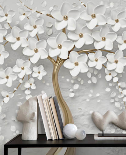 papier peint mural de fleurs personnalisable blanc et doré appelé Monochrome Blossom pour chambres