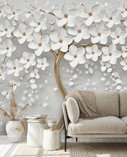 mural de papel de parede de flores personalizável branco e dourado chamado Monochrome Blossom para quartos mural de papel de parede de flores personalizável branco e dourado chamado Monochrome Blossom para quartos