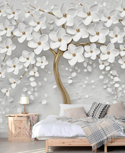 carta da parati murale personalizzabile con fiori bianchi e dorati chiamato Monochrome Blossom per camere da letto