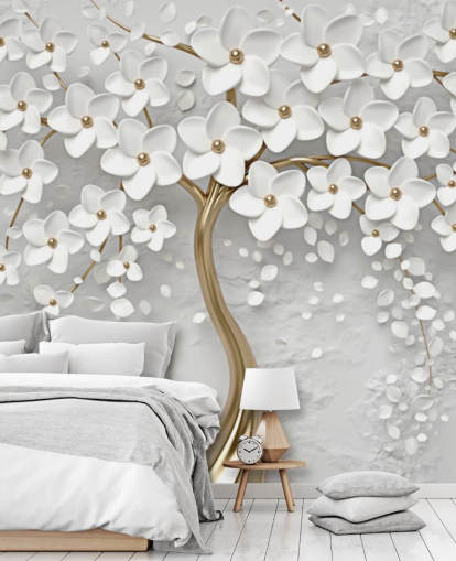 hvid og guld tilpasselig blomstertapet vægmaleri kaldet Monochrome Blossom til soveværelser