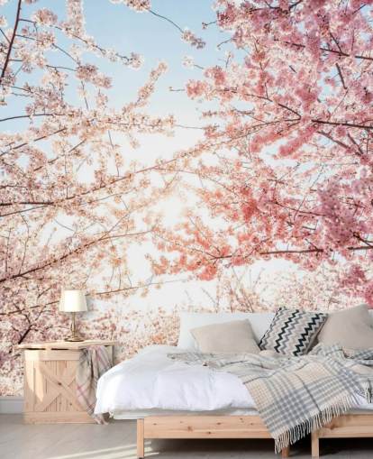 roze kersenbloesemtakken tegen blauwe hemel behang roze kersenbloesemtakken tegen blauwe hemel behang