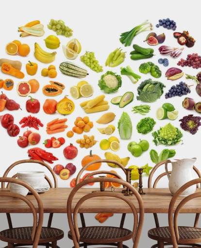Mural de parede de coração de frutas e vegetais arco-íris
