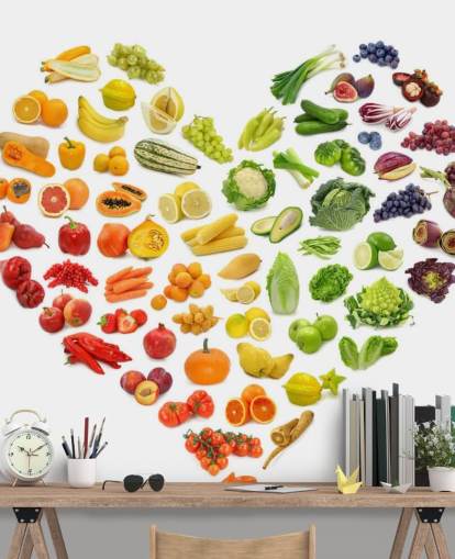 Mural de parede de coração de frutas e vegetais arco-íris Mural de parede de coração de frutas e vegetais arco-íris