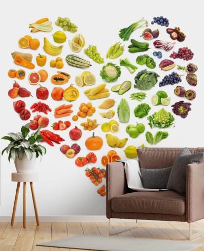 Mural de parede de coração de frutas e vegetais arco-íris