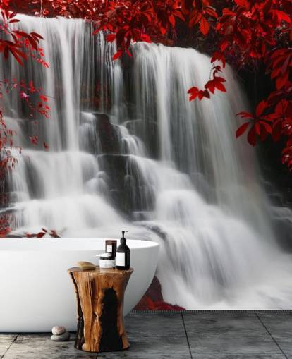 forêt à feuilles rouges avec papier peint cascade