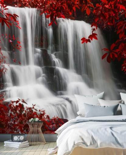 floresta de folhas vermelhas com papel de parede de cachoeira floresta de folhas vermelhas com papel de parede de cachoeira