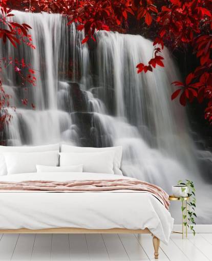 roter Blattwald mit Wasserfall-Tapete roter Blattwald mit Wasserfall-Tapete