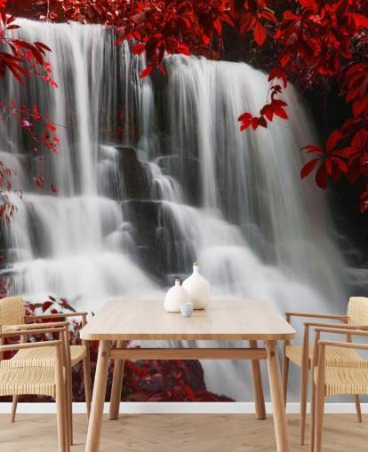 red leafed forest with waterfall wallpaper