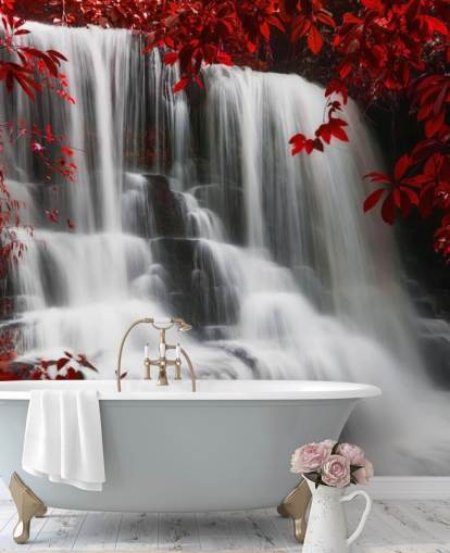 roter Blattwald mit Wasserfall-Tapete