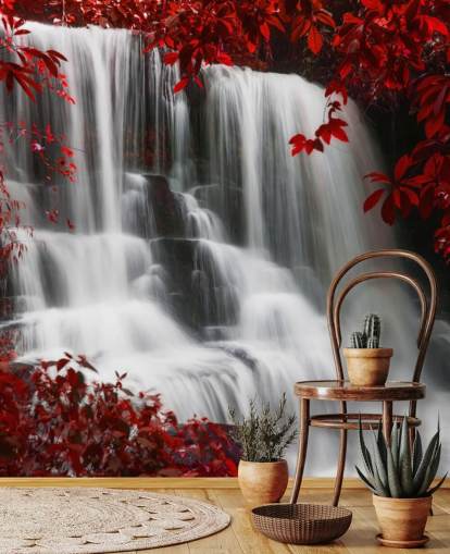 red leafed forest with waterfall wallpaper