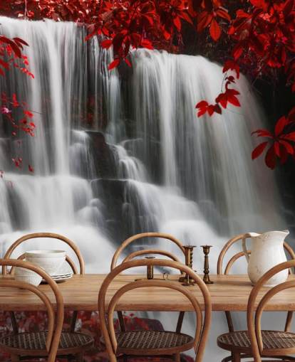 floresta de folhas vermelhas com papel de parede de cachoeira