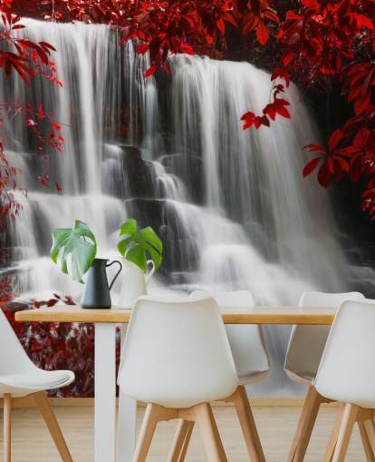 floresta de folhas vermelhas com papel de parede de cachoeira