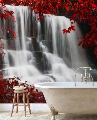 red leafed forest with waterfall wallpaper