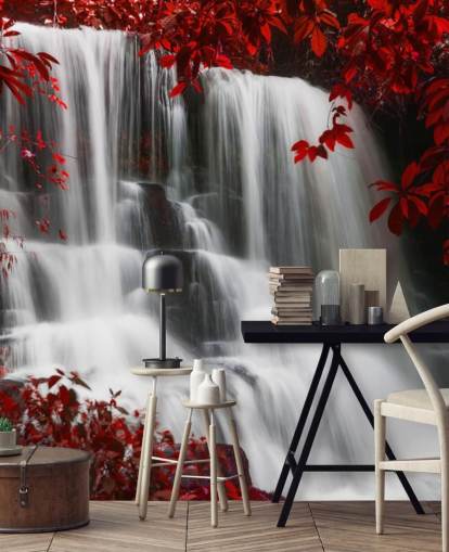 red leafed forest with waterfall wallpaper