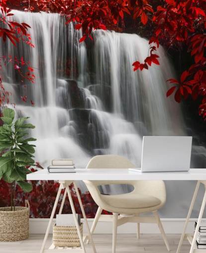 bosque de hojas rojas con papel tapiz de cascada bosque de hojas rojas con papel tapiz de cascada