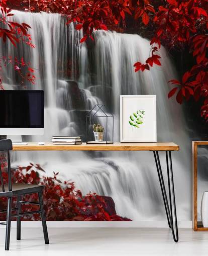 red leafed forest with waterfall wallpaper