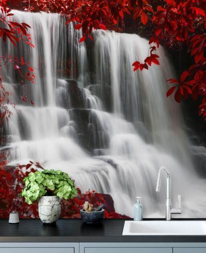 red leafed forest with waterfall wallpaper