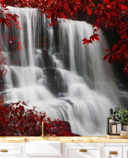 forêt à feuilles rouges avec papier peint cascade forêt à feuilles rouges avec papier peint cascade