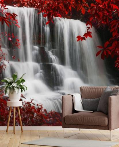 forêt à feuilles rouges avec papier peint cascade