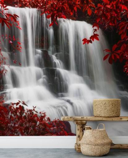 floresta de folhas vermelhas com papel de parede de cachoeira