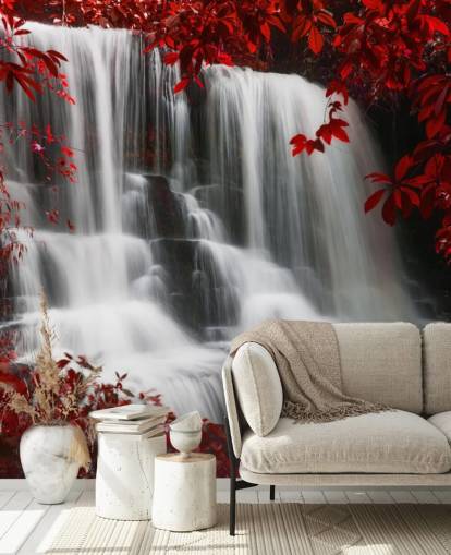 bosque de hojas rojas con papel tapiz de cascada
