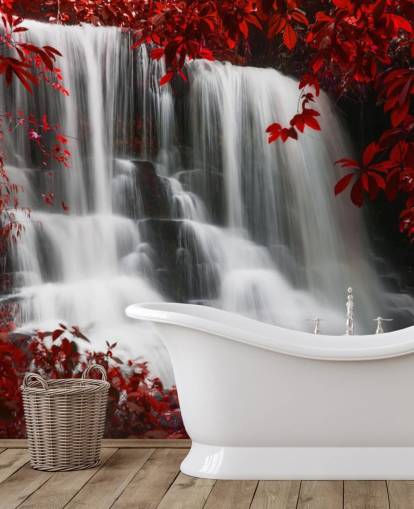 foresta a foglie rosse con carta da parati cascata