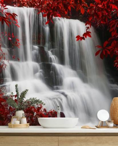 red leafed forest with waterfall wallpaper