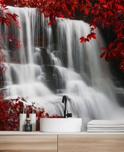 foresta a foglie rosse con carta da parati cascata