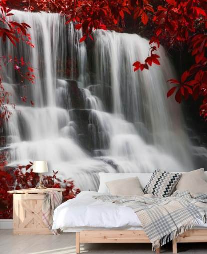 floresta de folhas vermelhas com papel de parede de cachoeira