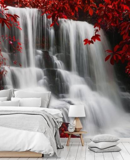 red leafed forest with waterfall wallpaper