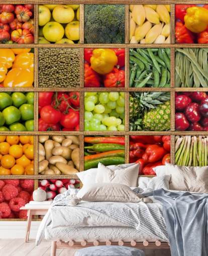 red and green fruit and vegetable wallpaper mural called Fruit and Vegetable Collection for kitchens and restaurants