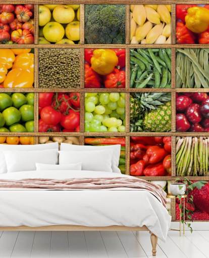 red and green fruit and vegetable wallpaper mural called Fruit and Vegetable Collection for kitchens and restaurants