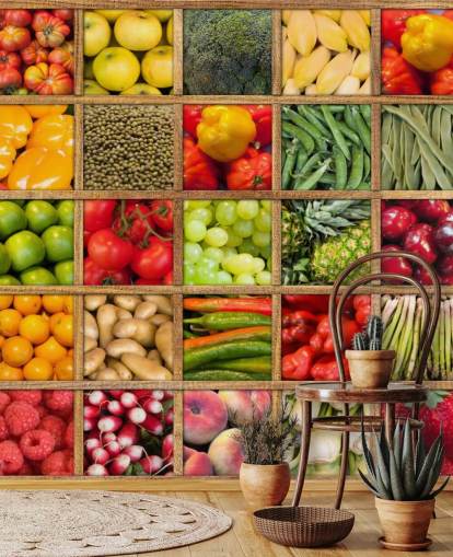 rotes und grünes Obst- und Gemüsetapetenwandbild mit dem Titel Obst- und Gemüsekollektion für Küchen und Restaurants rotes und grünes Obst- und Gemüsetapetenwandbild mit dem Titel Obst- und Gemüsekollektion für Küchen und Restaurants