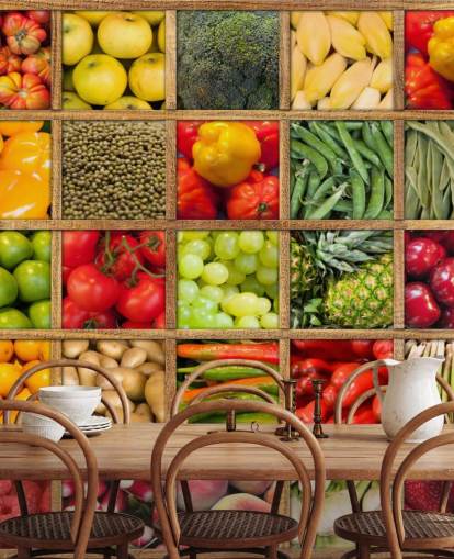 mural de papel pintado rojo y verde de frutas y verduras llamado Colección de frutas y verduras para cocinas y restaurantes mural de papel pintado rojo y verde de frutas y verduras llamado Colección de frutas y verduras para cocinas y restaurantes