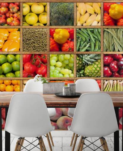 red and green fruit and vegetable wallpaper mural called Fruit and Vegetable Collection for kitchens and restaurants