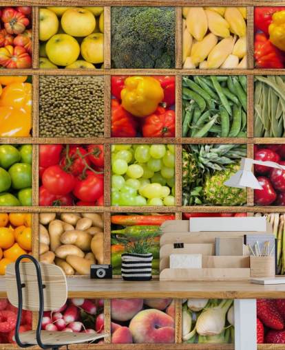 mural de papel pintado rojo y verde de frutas y verduras llamado Colección de frutas y verduras para cocinas y restaurantes mural de papel pintado rojo y verde de frutas y verduras llamado Colección de frutas y verduras para cocinas y restaurantes