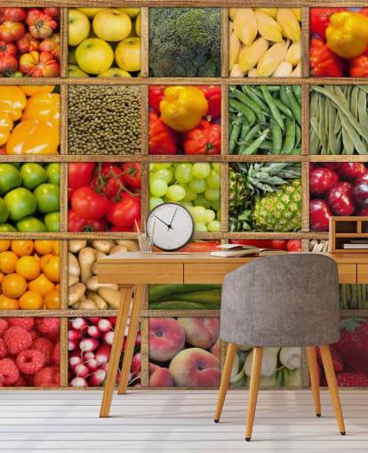 red and green fruit and vegetable wallpaper mural called Fruit and Vegetable Collection for kitchens and restaurants