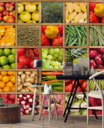 mural de papel pintado rojo y verde de frutas y verduras llamado Colección de frutas y verduras para cocinas y restaurantes