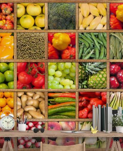 papier peint mural rouge et vert sur les fruits et légumes appelé Collection de fruits et légumes pour les cuisines et les restaurants