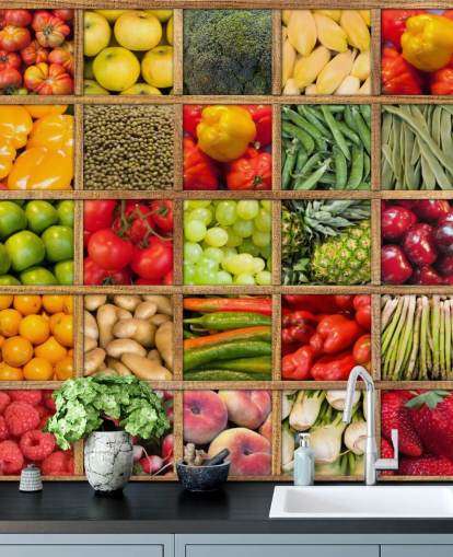 papier peint mural rouge et vert sur les fruits et légumes appelé Collection de fruits et légumes pour les cuisines et les restaurants
