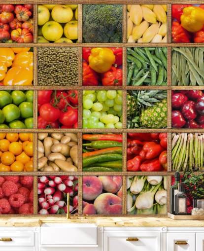 röd och grön frukt- och grönsakstapetväggmålning kallad Fruit and Vegetable Collection för kök och restauranger röd och grön frukt- och grönsakstapetväggmålning kallad Fruit and Vegetable Collection för kök och restauranger
