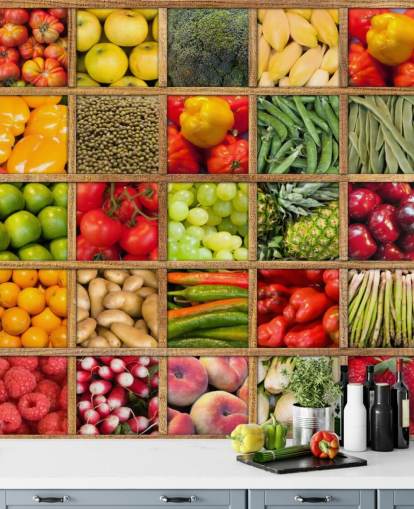 mural de papel pintado rojo y verde de frutas y verduras llamado Colección de frutas y verduras para cocinas y restaurantes