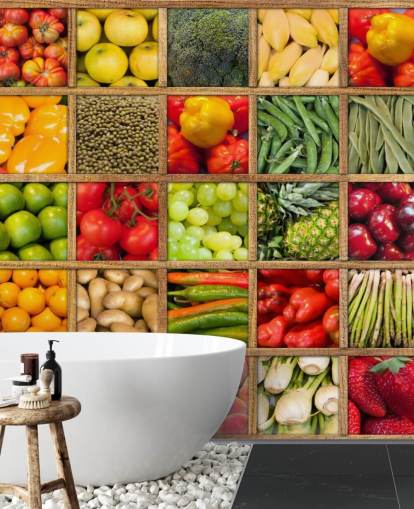 mural de papel pintado rojo y verde de frutas y verduras llamado Colección de frutas y verduras para cocinas y restaurantes