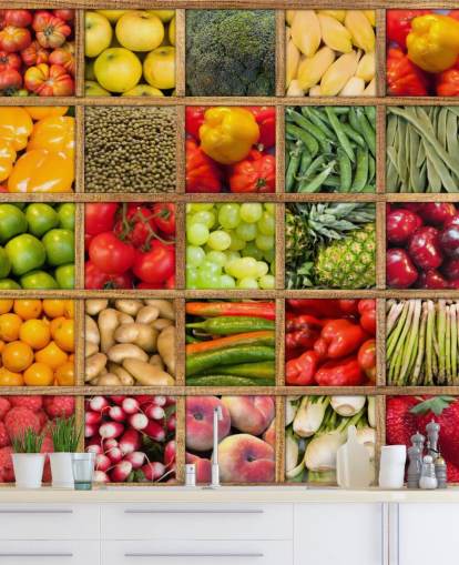 rotes und grünes Obst- und Gemüsetapetenwandbild mit dem Titel Obst- und Gemüsekollektion für Küchen und Restaurants rotes und grünes Obst- und Gemüsetapetenwandbild mit dem Titel Obst- und Gemüsekollektion für Küchen und Restaurants