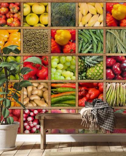 rotes und grünes Obst- und Gemüsetapetenwandbild mit dem Titel Obst- und Gemüsekollektion für Küchen und Restaurants