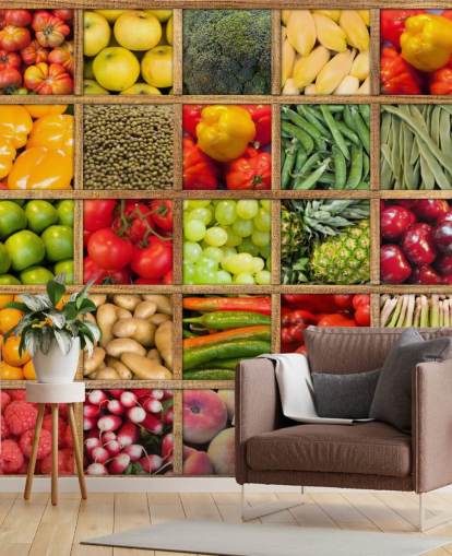 mural de papel de parede de frutas e vegetais vermelhos e verdes chamado Coleção de frutas e vegetais para cozinhas e restaurantes