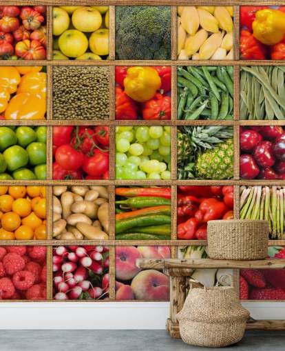 mural de papel pintado rojo y verde de frutas y verduras llamado Colección de frutas y verduras para cocinas y restaurantes