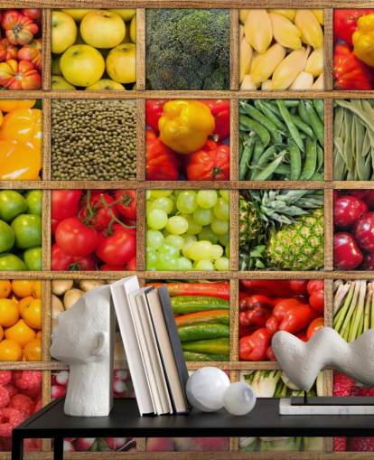red and green fruit and vegetable wallpaper mural called Fruit and Vegetable Collection for kitchens and restaurants