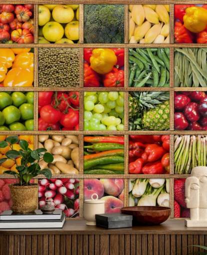red and green fruit and vegetable wallpaper mural called Fruit and Vegetable Collection for kitchens and restaurants